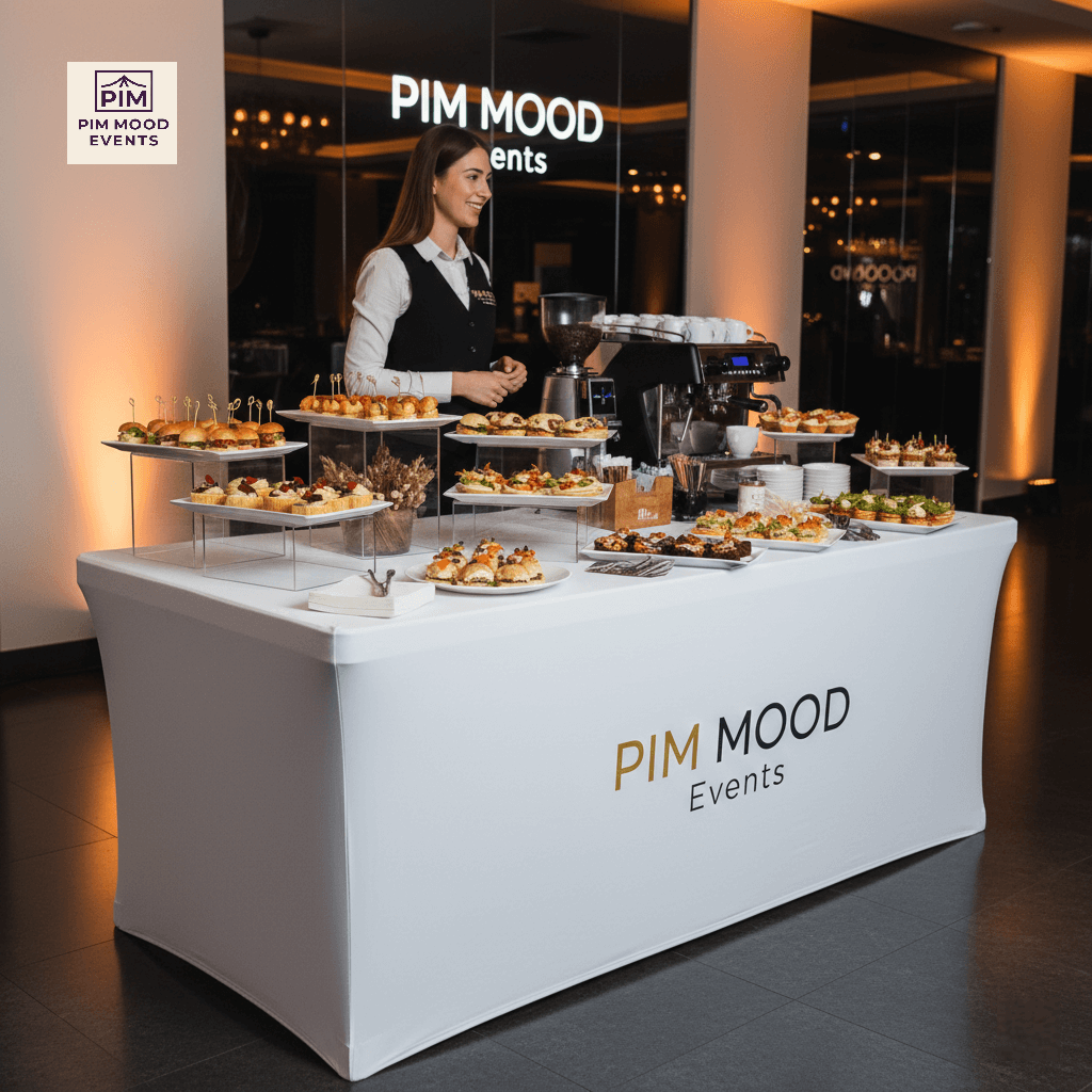 Masă bufet cu husă albă elastică, decorată cu platouri elegante pentru catering, soluții premium PIM MOOD Events